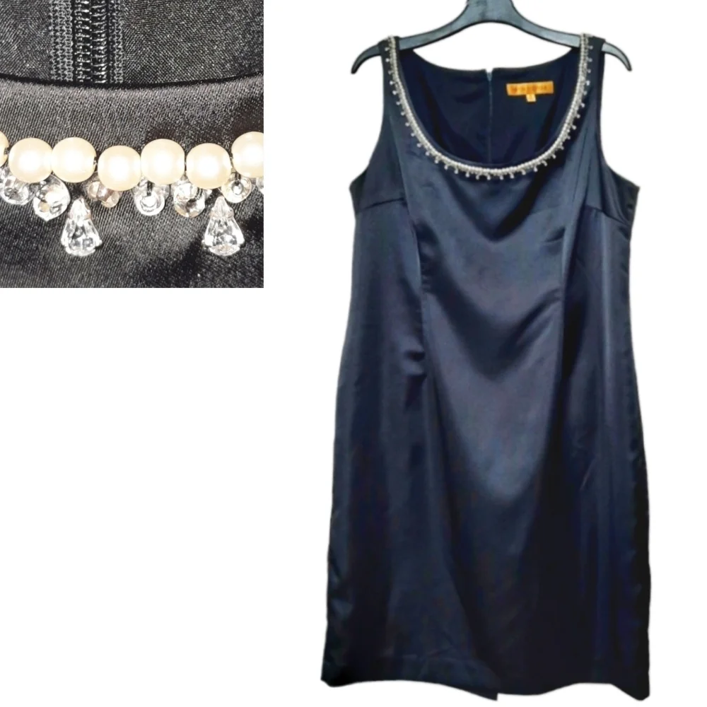 NIPÓN Satin Sheath Dress Pearl Rhinestone Collar LBD Sophisticate Black 14 - Picture 5 of 5